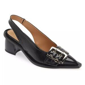 $490 Ganni Double Prong Buckle Slingback Pump BLACK POINTY BLOCK 41 (DB34)